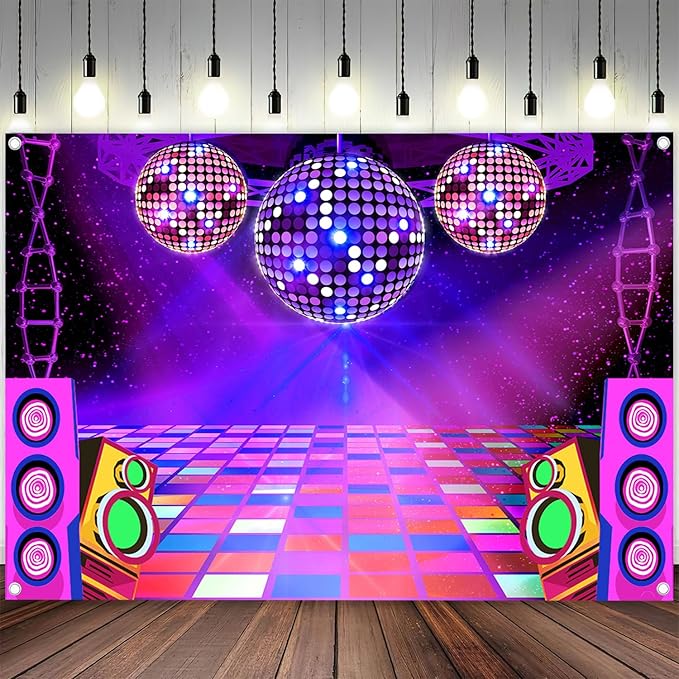 Dance Party Backdrop Retro 80s 90s Theme Stage Dance Ball Music Birthday Party Decoration DJ Photography Background 15 x 10 ft for Baby Shower Picture Photo Shoot Polyester Fabric,Purple