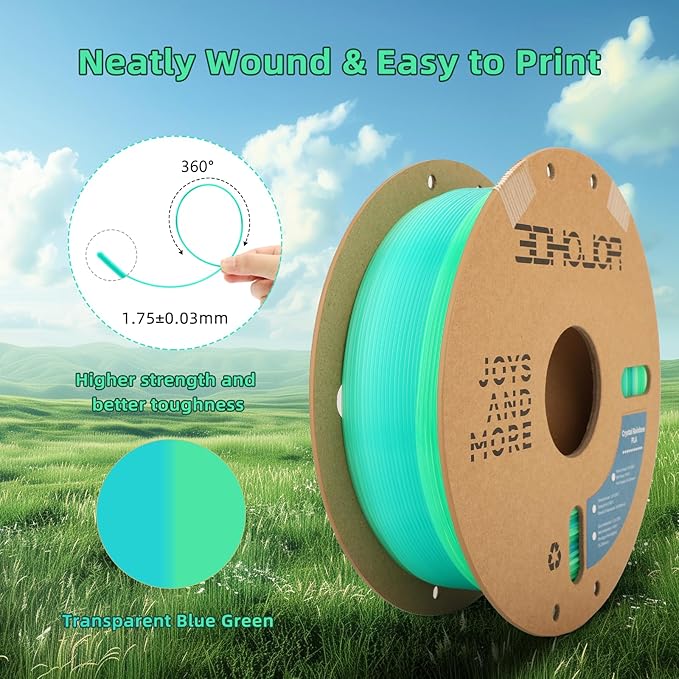 Transparent Multi Rainbow Color Gradient Change PLA 1.75mm 1KG 3D Printing Filament Crystal Rainbow PLA Clear PLA Filament with Cardboard Spool -Prairie