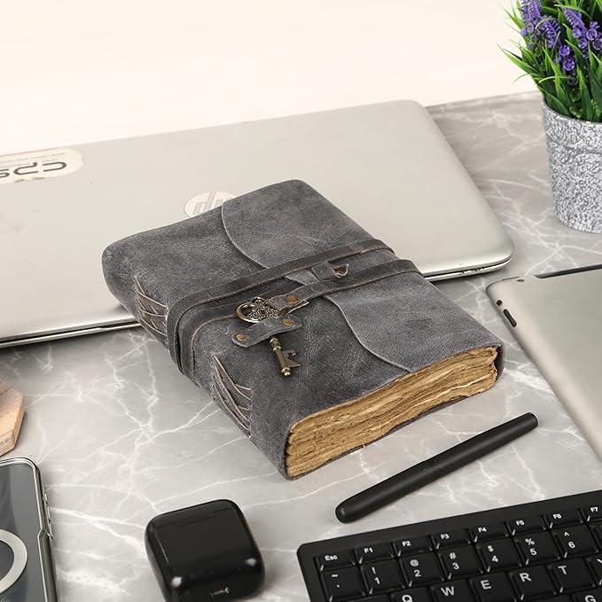 Leather Journal with Lined and Unlined Deckle Edge Paper 8x6 inch and Vintage Key | Handmade Writing Notebook Diary | Bound Daily Notepad for Men & Women Medium, Sketch/Writing pad for Artists