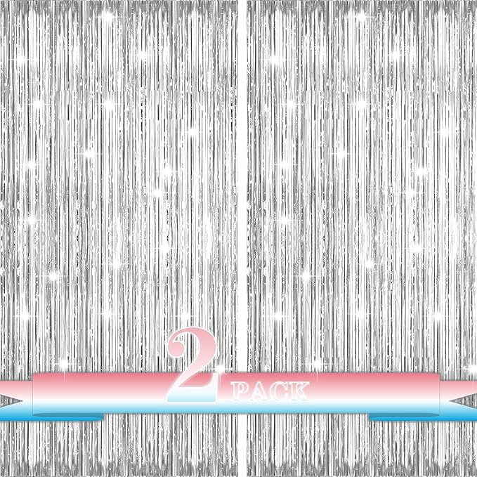 Silver Foil Fringe Backdrop Curtains,2 Pack Tinsel Streamers Birthday Party Decorations,Silver Fringe Backdrop for Birthday,Graduation,Baby Shower,Gender Reveal,Wizard Party,Cocktail,Disco,3.3x6.6ft