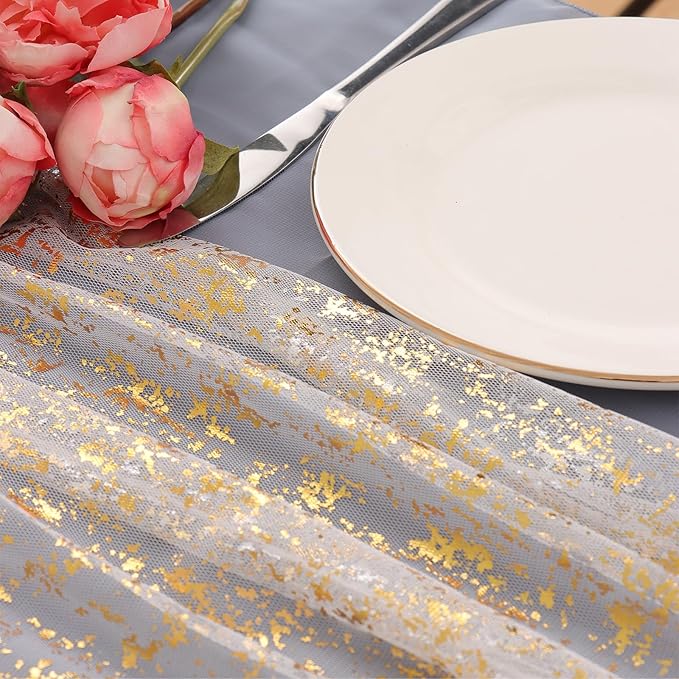 LOMOHOO 10 Ft Gold Table Runner, Golden Sheer Sequin Table Runners 120 Inches Long Glitter Metallic Foil Lace Fabric Table Decor for Birthday Party Wedding Anniversary Centerpiece (4pcs)