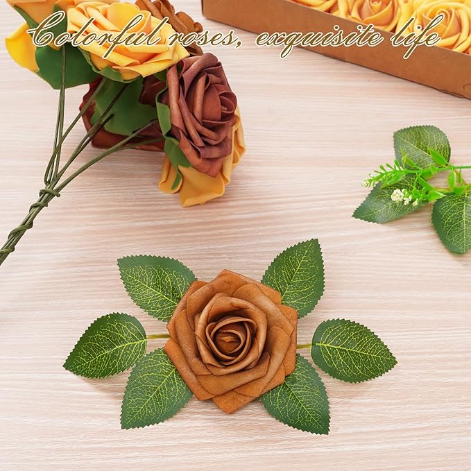BLEUM CADE 36Pcs Artificial Flowers Fake Roses with Stems, Gradient Burnt Orange Boxed Foam Roses for DIY Bouquets Centerpieces Wedding Party Arrangement Bridal Shower Decor