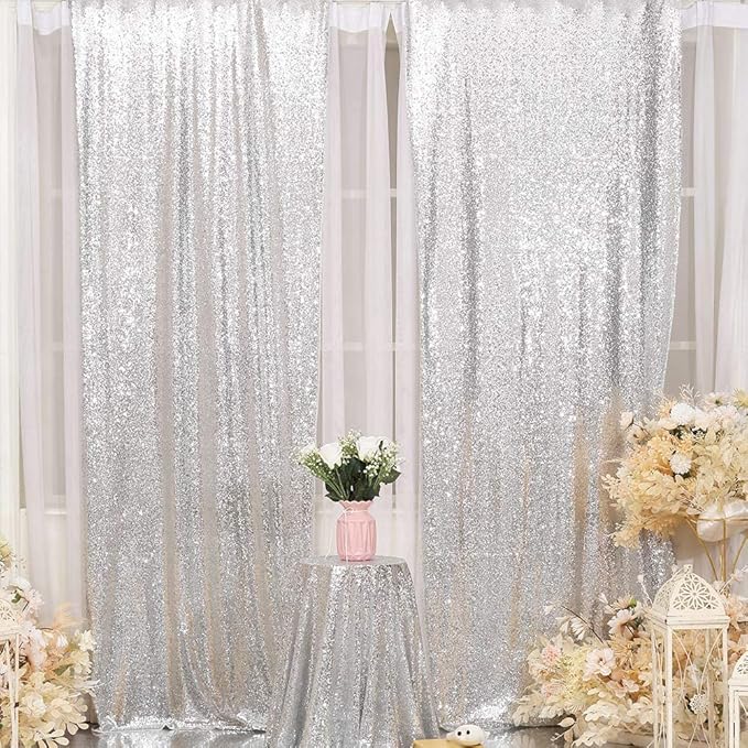 Eternal Beauty Silver Sequin Backdrop Curtains, Shimmer Back Drop 2Panels-3FTx7FT for Christmas, Party, Birthday, Photography, Wedding, Baby Shower Event Decoration
