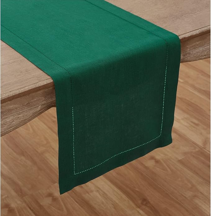 Solino Home Linen Rainforest Green Table Runner 90 Inches Long - 100% Pure Linen Hemstitch 14 x 90 Inch Table Runner for Dining, Fall, Autumn, Thanksgiving, Christmas - Classic Hemstitch