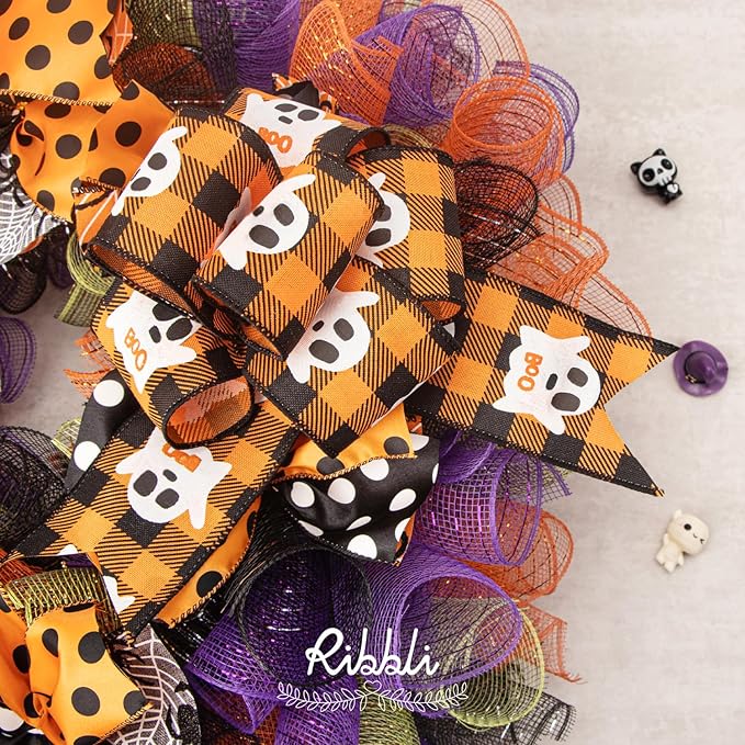 Ribbli 2 Rolls Black Mesh Ribbon,10 inch x 30 feet(10Yard) Each Roll,Metallic Black with Foil,Halloween Ribbon for Wreath Swags and Decorating