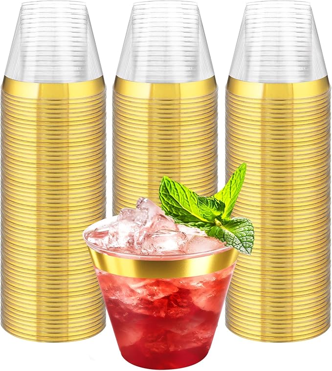 100Counts 9 OZ. Disposable Cups Old fashioned Party Tumblers, 9 Ounce Squat Cups Gold Rimmed Hard Plastic Party Wedding Cups with Gold Rim