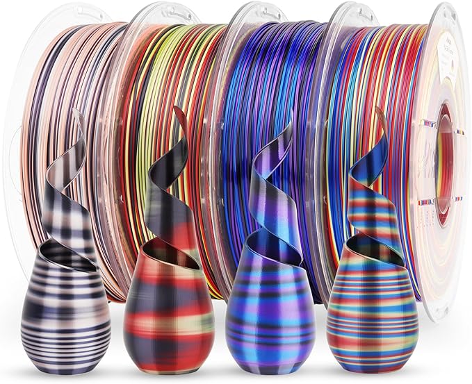 AMOLEN Silk PLA 3D Printer Filament Bundle, Multicolor Rainbow Filament 1.75mm Pack, Fast Color Change 3D Printing Filament for Most FDM 3D Printer, 1kg X 4 Spools