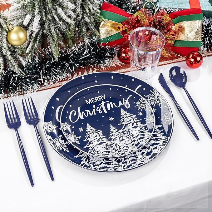 Supernal 150pcs Christmas Dinnerware Set - Blue and White Plates With Trees Design, Blue Silverware, Santa and Moose Silver Cups for New Year