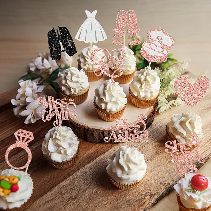 Gyufise 30Pcs She Said Yes Cupcake Toppers Glitter Diamond Ring I Do Love Cupcake Picks Miss to Mrs He Asked Bridal Shower Wedding Engagement Bachelorette Cake Decoration Rose Gold