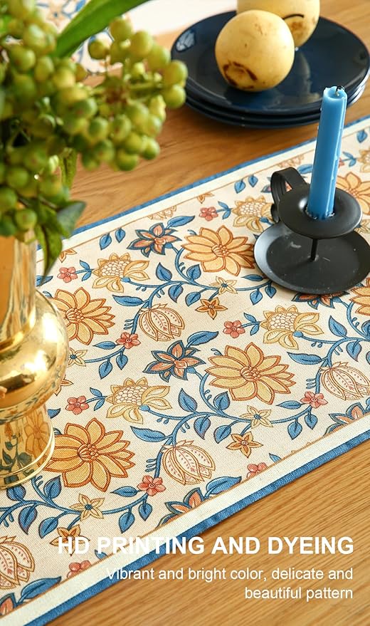 ISAENNE Designer Bohemian Elegant Linen Extra Long Table Runner 118 Inches,Floral Pattern Duable Decor Table Runners for Dining Tables,Thanksgiving,Kitchen Tables,Christmas,12"*118"-Estevan B
