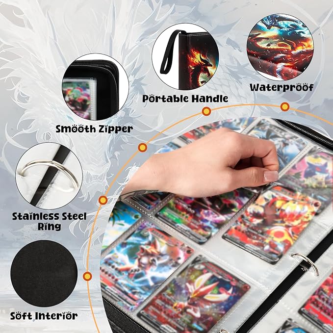 Premium Exo-Tec 9-Pocket Trading Card Binder - 900 Side Loading Pockets for TCG, Board Games & Collectibles - Durable Water-Resistant Card Album with Secure Zip Closure