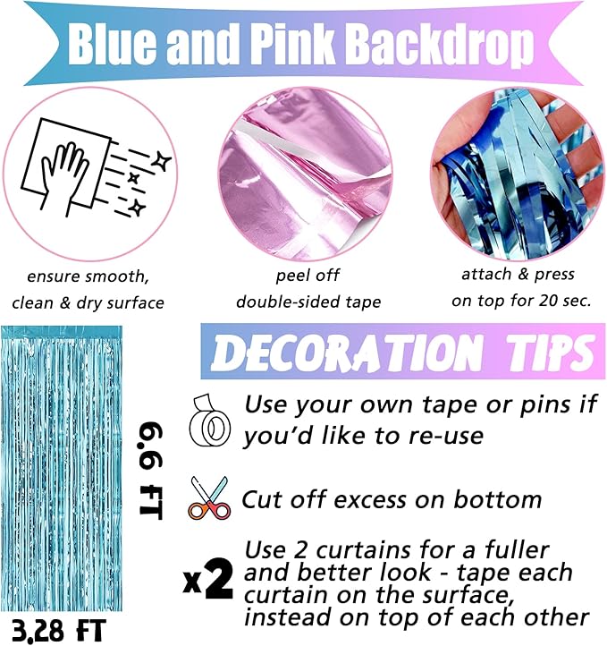4 Pack 3.2Ft x 6.6Ft Pink Blue Fringe Curtain Backdrop, Metallic Tinsel Foil Fringe Streamers Curtains Background for Photo Booth Wedding Gender Reveal Backdrop Boy or Girl Birthday Party Decoration
