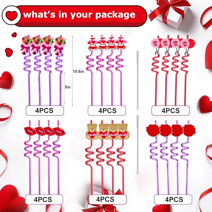 24 Valentines Reusable Party Drinking Straws Birthday Party Supplies Decorations with 2 PCS Cleaning Brushes (Valentines Rose)