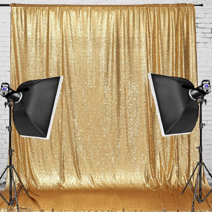 PartyDelight Sparkly Gold 8FT X 8FT Sparkly Sequin Backdrop Curtains for Wedding Party Room Decorations