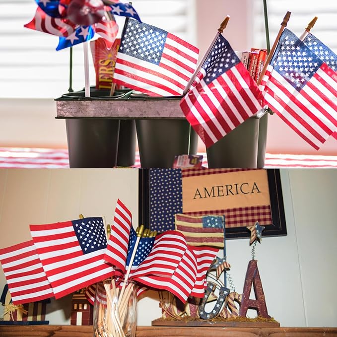 100pcs Small American Flags on Stick, Handheld 8 x 12 Inchs Mini American Flags with Kid-Safe Golden Spear Top, US Flags for 4th of July Decorations Outdoor, Independence Day Decorations