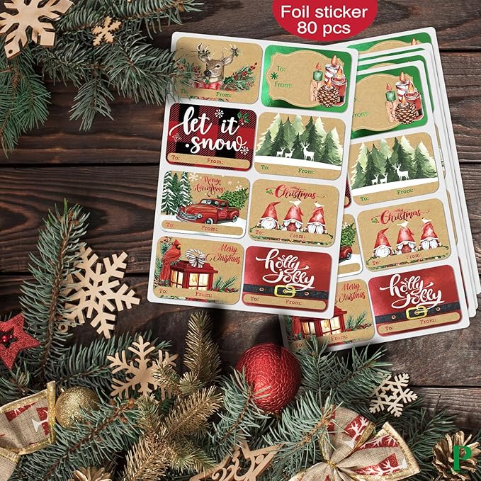80-Count Foil Kraft Christmas Tags Sticker，8 Jumbo Designs - Xmas to from Christmas Stickers Name Tags Write On Labels - Holiday Present Label…