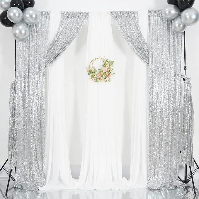 Poise3EHome Sequin Backdrop, 2 Pcs Silver 2ftx8ft Curtains for Party, Wedding, Event, Photography