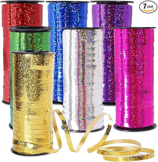 7 Pack Curling Ribbon, Crimped Curling Ribbon Metallic Balloon Ribbons Gift Wrap Ribbons Balloon String Shiny Wrapping for Crafts, Christmas, Birthday, Wedding, Party Decoration (Glittered)