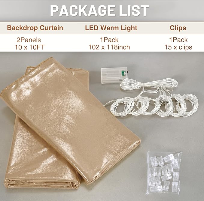 PartyVillage 10x10FT Champagne Gold Sequin Backdrop Curtain with String Lights – 2 Panels 5x10FT Sparkly Wrinkle-Free Glitter Backdrop Drapes for Wedding, Birthday, Photography, Graduation Party Décor