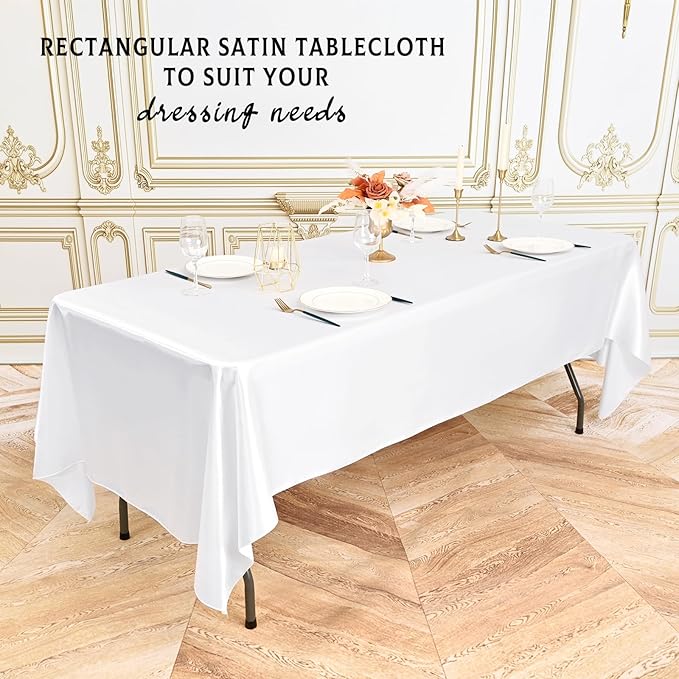 6 Packs Satin Tablecloth 57 x 108 Inch White Rectangular Table Cloth Silk Tablecloth Smooth Fabric Overlay Satin Table Cover Decoration for Wedding Party Banquet Events