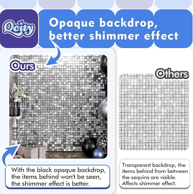 Qcity Silver Shimmer Wall Backdrop 24PCS, Black Back Not See-Through Design, Square Sequin Glitter Backdrop Panel, Perfect for Outdoor Events, Birthdays, Wedding and Party Decoration