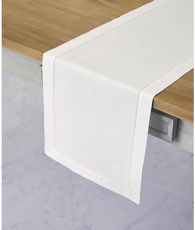 Solino Home White Table Runner 90 Inches Long - Cotton Linen Hemstitch 14 x 90 Inch Table Runner for Dining, Fall, Autumn, Halloween, Thanksgiving, Christmas, Holiday