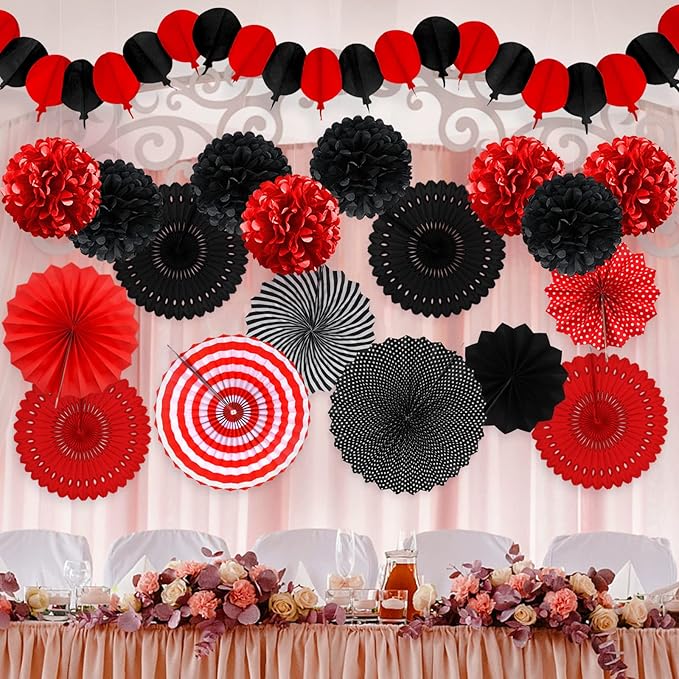 Red and Black Party Decorations, Papar Fans Pompoms Fans Garlands for Birthday Wedding Graduation Game Night Boy Girl Party Decorations