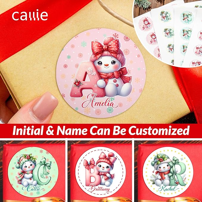 callie Personalized Christmas Stickers - Custom Name & Initial, 1.97 Inch Cute Snowman Design Merry Christmas Stickers Labels for Envelopes Seals Crafts Cards Gifts (30PCS)