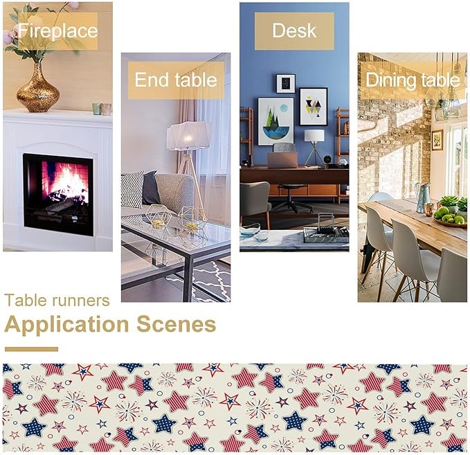 4th of July Table Runner, American Patriotic Independence Day Red Blue White Stars Stripes Fireworks Print Table Runner for Home Party Decor Kitchen Dining Table, 13x90inch