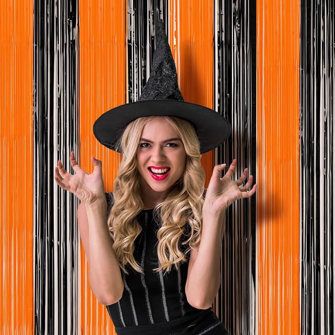 3 Pack 3.3x8.2 Feet Black and Orange Foil Fringe Backdrop Curtains, Tinsel Streamers Birthday Party Decorations, Fringe Backdrop for Graduation, Baby Shower, Gender Reveal, Disco Party