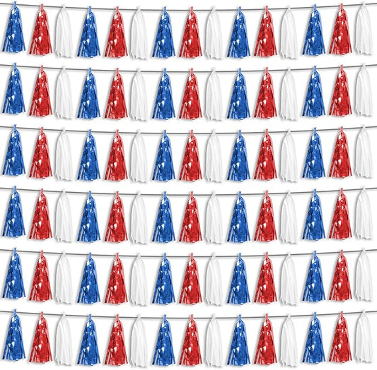 6P Red Blue White Foil Fringe Metallic Tassel Streamers Banner Tassel Garland for Parade Floats, Bachelorette, Wedding, Birthday, Graduation, Christmas, Bridal/Baby Shower Party Decorations
