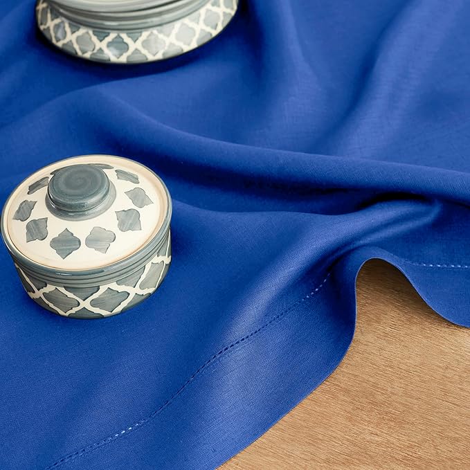 Solino Home Linen Royal Blue Table Runner 156 Inches Long - 100% Pure Linen Extra Long Table Runner 14 x 156 Inch - Classic Hemstitch