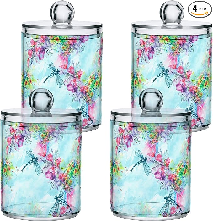 Gredecor Qtip Holder Dispenser 4 Pack Watercolor Flowers Dragonfly Apothecary Jars with Lids Bathroom Vanity Countertop Canister Storage Organizer for Cotton Ball,Swabs,Pads,Floss