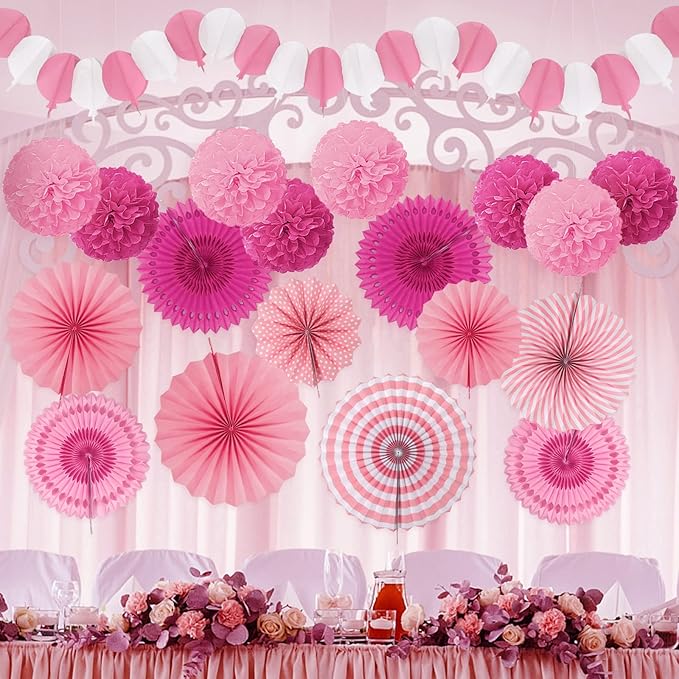 Party Decorations, Pink Papar Fans Pompoms Garlands for Women Girls Mothers Day Bachelorette Wedding Birthday Baby Showers Valentine's Day Party Decorations