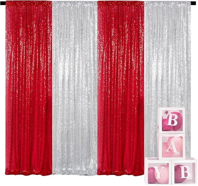 ShinyBeauty 4 Panels Sequin Photo Backdrop 2FTx8FT Red & Silver Curtains Sparkle Background for Birthday, Wedding, Party, Christmas Decorations