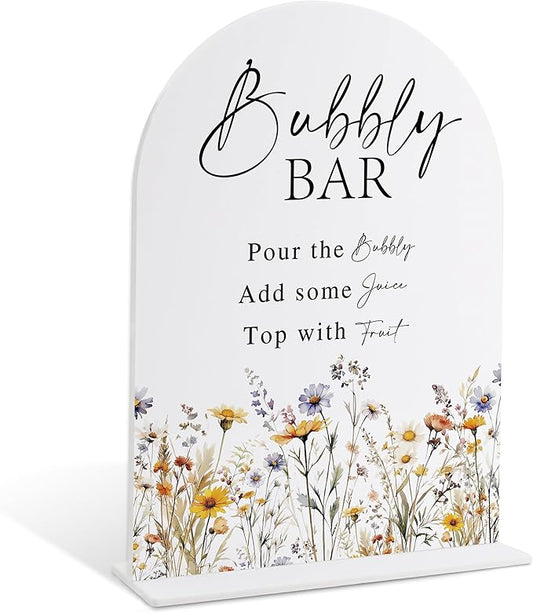 Wedding Signs for Ceremony and Reception, Boho Floral Acrylic Bubbly Bar Sign, Wedding Signage with Stand, Bridal Shower Table Centerpieces, Supplies for Engagement Reception and Event Party, 23