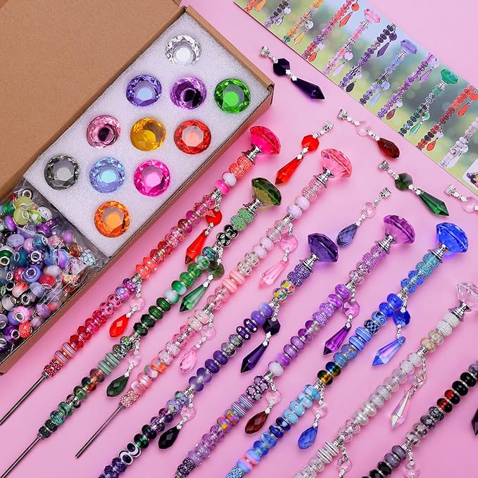 DIY Fairy Wand Garden Stake Beads Kits with Rainbow Colorful Assortment Large Hole Beads, Beaded Garden Stakes kit with Crystal Diamond Top (238Pcs Rainbow+Diamond)