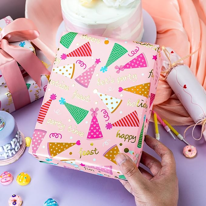 Yarcony Pink Birthday Wrapping Paper for Girl Women, Metallic Foil Girly Party Hat, Bow Design Happy Birthday Gift Wrap Paper for Kid Party, Baby Shower, Holiday (Mini Roll, 17 Inch X 33 Feet)