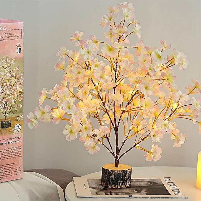 19Inch Cherry Blossom Tree Light, Lighted Artificial Tree with Pink Silk Flowers, 49 Fairy LEDs, Battery Operated Lamp with Timer for Summer Wedding Decorations