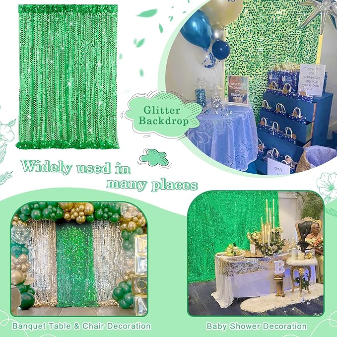 2 Packs 4x8FT Green Sequin Backdrop Curtains Glitter Background Graduation Backdrop Class of 2025 Wedding Party Birthday Decor