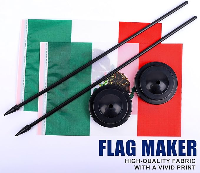 Mexico Desk Flag 12" Solid Pole Deluxe Set Mexican Flags Banner Mini Small Mexico Office Table Flags with Black Stand Base Desktop Decorations(2Pack)