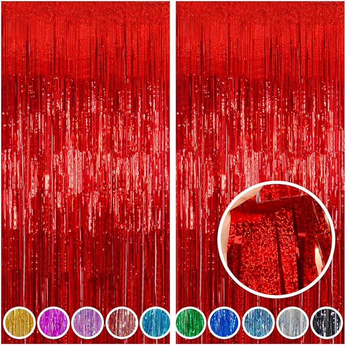 Melsan 2 Pack Red Tinsel Foil Fringe Curtains Backdrop, Sparkle Tinsel Backdrop Curtains for Fourth of July Patriotic Birthday Party Decorations