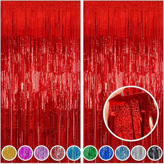 Melsan 2 Pack Red Tinsel Foil Fringe Curtains Backdrop, Sparkle Tinsel Backdrop Curtains for Fourth of July Patriotic Birthday Party Decorations