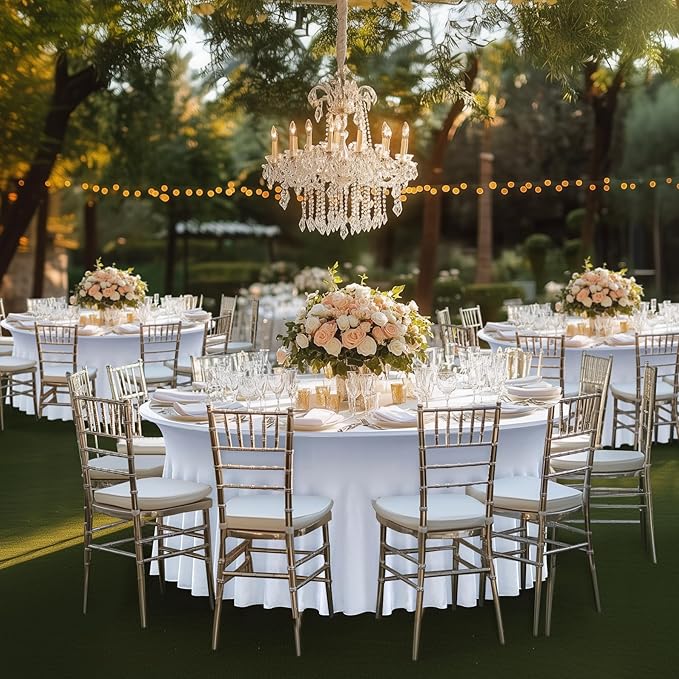 2 pk White Round Spandex Tablecloth for 60in Tables, Wrinkle Free Stretchy 120inch Fitted 5FT Table Cloths Round Table Covers with Skirt for Wedding Party Dining Banquet Events