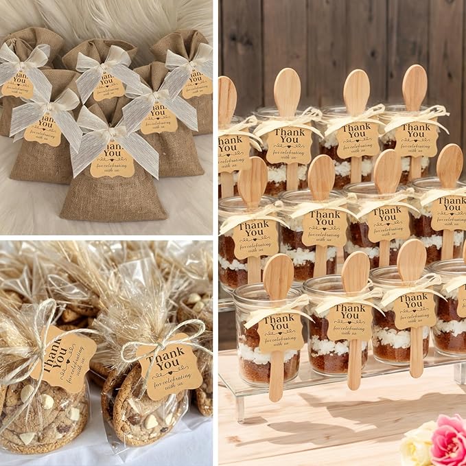 SallyFashion 150 PCS Thank You Brown Gift Tags with String, 2 x 3 Inches Paper Gift Tags for Party Favors Weddings, Bridal and Baby Showers Birthdays