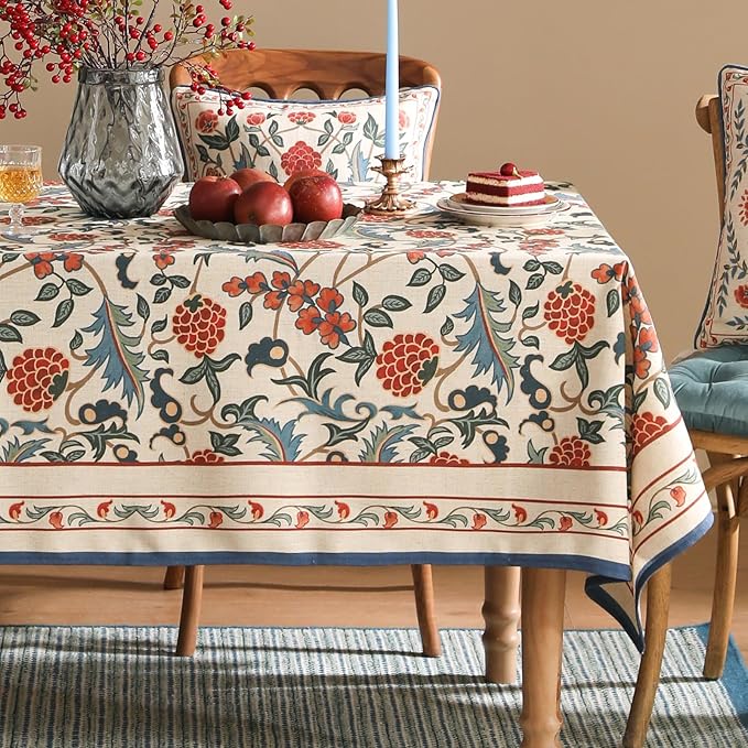 patdrea Designer Vintage Linen Tablecloth for Rectangle Table,French Soft Durable Floral Tablecloths,Colorful Table Cover for Kitchen Dining,Parties,Christmas,Thanksgiving,Party,55"x87"-Puno