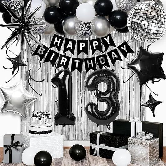 13th Birthday Decorations for Boys Girls, Black Silver Happy Birthday Party Decorations， 13 Year Old Party Supplies with Number 13 Balloons, Banner, Fringe Curtains Kit