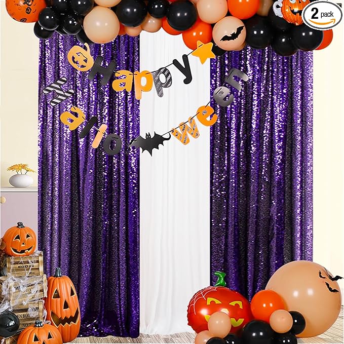 SquarePie Sequin Backdrop Curtain 2FT x 8FT Purple 2pcs Background for Wedding Halloween Party Christmas