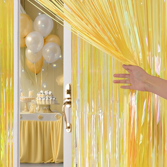 2 Pack Yellow Iridescent Streamers Backdrop, 3.3x6.6ft Foil Fringe Curtains Gold Holographic Door Tinsel Streamers for Birthday, Wedding, Holiday, Bachelorette, Theme Party Decorations