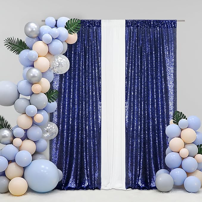Eternal Beauty Navy Blue Sequin Backdrop Curtains, Shimmer Back Drop 4Panels-2FTx8FT for Independence Day Christmas, Party, Birthday, Photography, Wedding, Baby Shower Event Decoration
